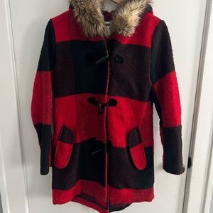 BB Dakota Plaid Red & Black Coat with Fur Hood, Size XS/S